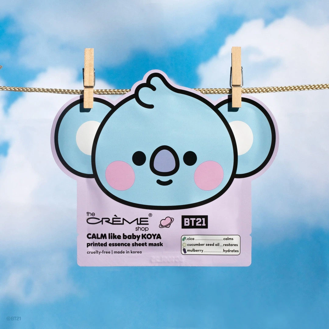 The Crème Shop X BT21 BABY New Arrivals CALM Like Baby KOYA Printed Essence Sheet Mask (Cica, Cucumber Seed Oil, Mulberry) 1 The Crème Shop X BT21 BABY New Arrivals CALM Like Baby KOYA Printed Essence Sheet Mask (Cica, Cucumber Seed Oil, Mulberry)